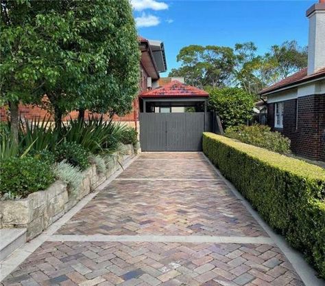 Brick And Concrete Driveway, Sloping Driveway, Landscape Driveway, Brick And Concrete, Brick Driveway, Recycled Brick, Landscaping Inspiration, Concrete Driveways, Home Landscaping