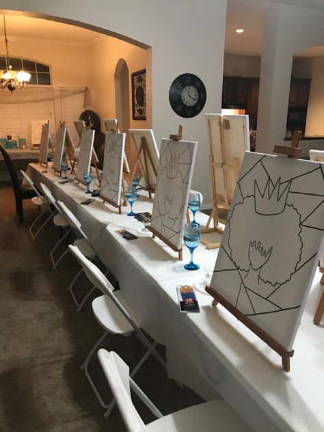 Ideas For Sip And Paint Party, Zip And Paint Party Ideas, At Home Sip And Paint Ideas, Paint And Sip Set Up, Party Setup At Home, Paint And Sip Canvas Ideas, Puff And Paint Party Ideas, Paint Night Ideas Parties, Diy Sip And Paint At Home