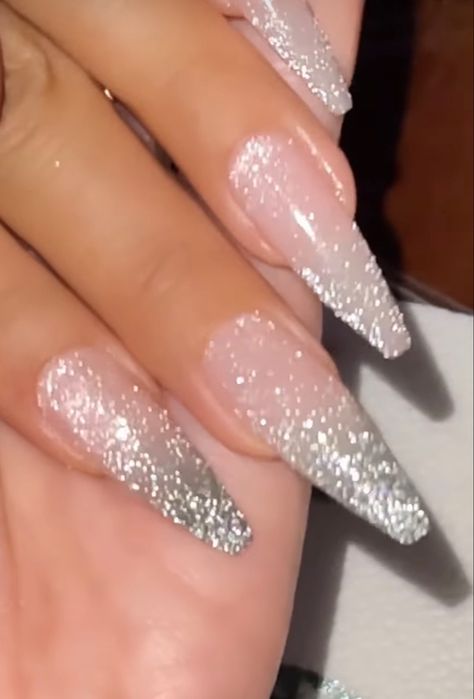 White Coffin Glitter Nails, Sparkly Ballerina Nails, Prom Nails White Dress, Nail Inspo Silver Glitter, Shiny Sparkly Nails, Silver And Glitter Nails, Bridesmaid Nails Silver, White Disco Nails, Silver Nails Coffin Shape