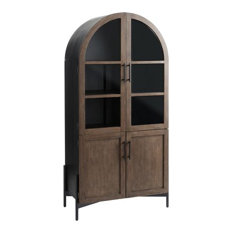 Amira Vintage Walnut and Charcoal Black Arch Display Cabinet - World Market Arch Display Cabinet, Arch Display, Black Arch, Metal Arch, Cabinet Shelving, Charcoal Black, Glass Doors, World Market, Display Cabinet