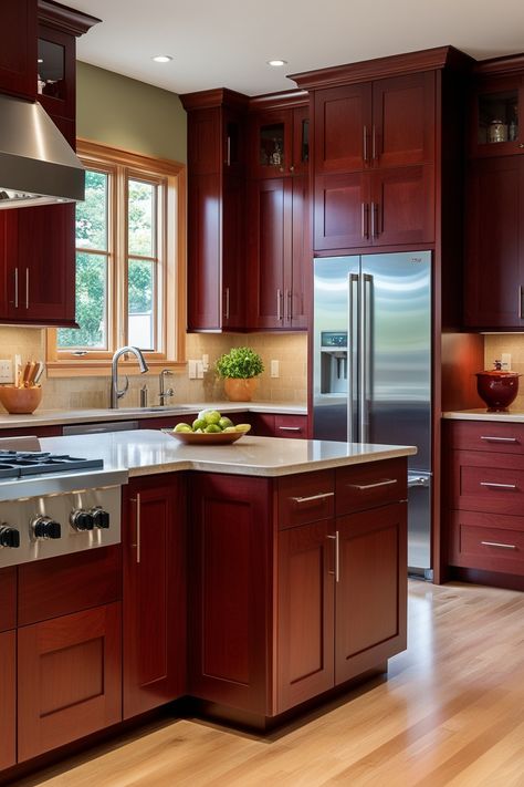 13 Stunning Cherry Cabinet Kitchen Ideas to Transform Your Space – HomelyTip Updated Cherry Wood Kitchens, Cherry Wood Bathroom Cabinets, Paint Colors To Go With Cherry Cabinets, Refinish Cherry Cabinets, Cherry Cabinets Black Countertops, Modern Cherry Kitchen, Best Wall Color For Cherry Cabinets, Kitchen Cherry Wood Cabinets, Mahogany Cabinets Kitchen