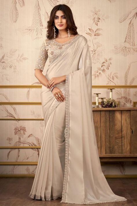 Bisque Cream Heavy Designer Saree Saree With Heavy Blouse, Off White Saree, Heavy Blouse, Simple Saree Designs, Organza Silk Saree, Plain Saree, Simple Sarees, White Saree, Satin Saree