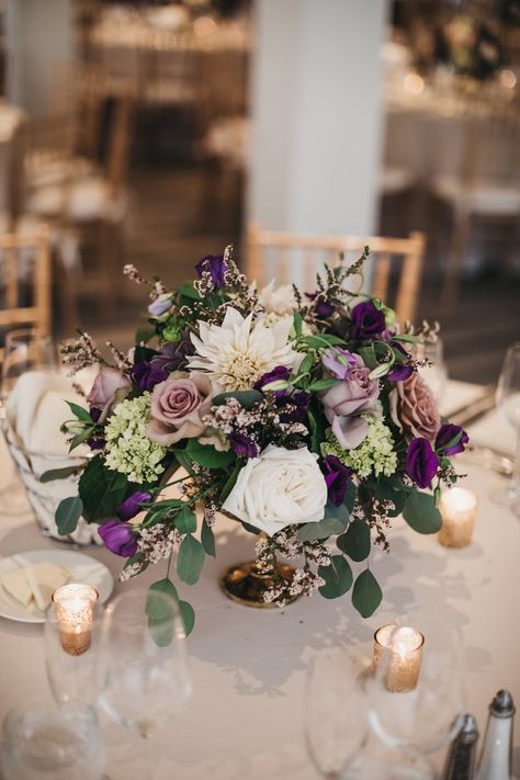 Purple Flower Centerpieces, Purple Reception, Purple Wedding Centerpieces, Purple Centerpieces, Inside Weddings, Purple Wedding Theme, Purple Wedding Flowers, Reception Centerpieces, Wedding Inside