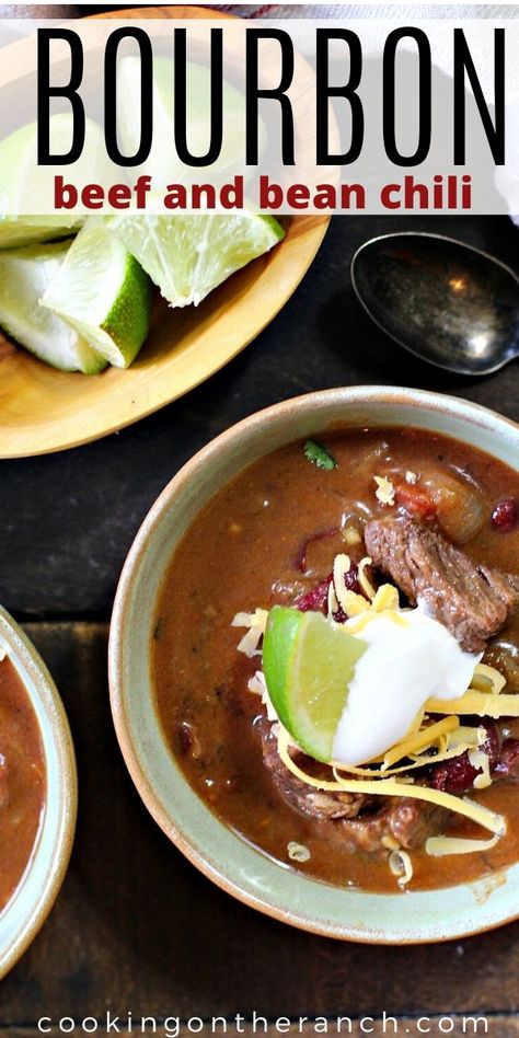 Bourbon Beef and Bean Chili is a unique mixture of flavors that come from a slow cooked chuck roast, bourbon, red kidney beans and lots of roasted Hatch chile peppers. Add a special mix of spices and you've got a sultry pot of chili. #bourbon #bean #chili #beef Bourbon Beef, Chuck Roast Chili, Roast Chili, Beef And Bean Chili, Slow Cooker Pork Ribs, Oven Fried Fish, Beef Chili Recipe, Bean Chili Recipe, Red Kidney Beans