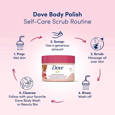 There's one essential step for achieving smooth skin that shouldn't be overlooked: exfoliation. So, gently buff away dry, dull skin while caring for your skin with Dove Pomegranate Seeds & Shea Butter Exfoliating Body Polish. Made with ¼ moisturizing cream, this exfoliating body scrub restores skin's nutrients as it exfoliates, leaving your skin feeling silky smooth. Body Skin Care Scrub & Exfoliant, Products For Body Skin Care, How To Use Body Scrub Step By Step, How To Exfoliate Body Skin, Bath And Body Care Products, How To Use Body Scrub, Dove Body Care, Exfoliate Body Scrub, Dove Body Polish