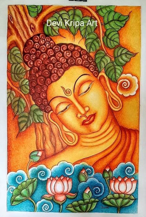 Budha Kerala Mural Painting, Buddha Kerala Mural Painting, Inspiration For Painting Ideas, Budha Painting On Canvas, Buddha Mural Painting, Mural Painting Kerala, Kerala Mural Art, Buddha Mural, Buddha Canvas Art