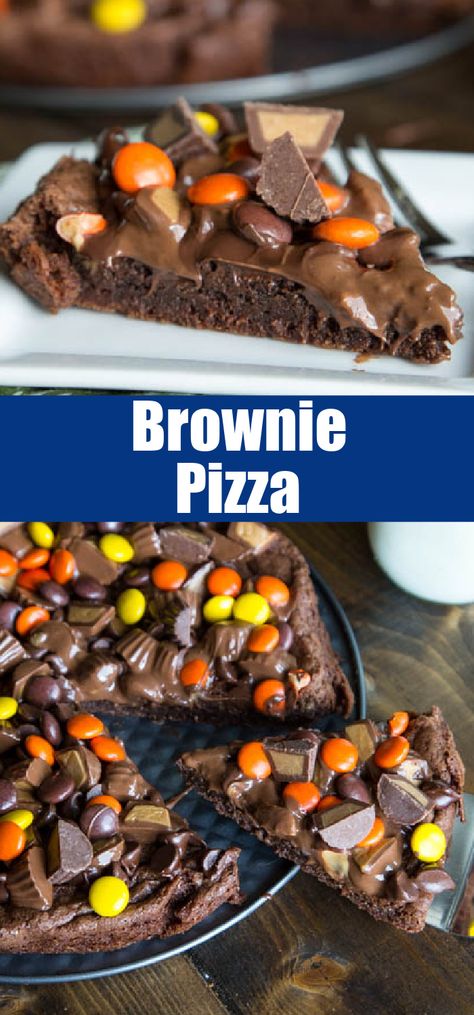 Brownie Pizza - Indulge in a decadent dessert with this fudgy brownie base topped with a colorful assortment of your favorite candies. It's a sweet celebration that's as easy to make as it is to devour. Dessert Pizza Chocolate, Brownie Pizza Recipe, Peanut Butter Brownie Pizza, Sweet Pizza Recipes, Brownie Pizza Ideas, Pizza Dessert Ideas, Brownie Pizza Dessert, Brookie Recipes Easy, Candy Pizza Recipe