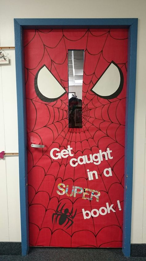 Spiderman superhero door decoration Marvel Classroom, Superhero Classroom Door, Superhero School Theme, Superhero Door, Hero Classroom Theme, Superhero Vbs, Superhero School, School Display, Superhero Classroom Theme