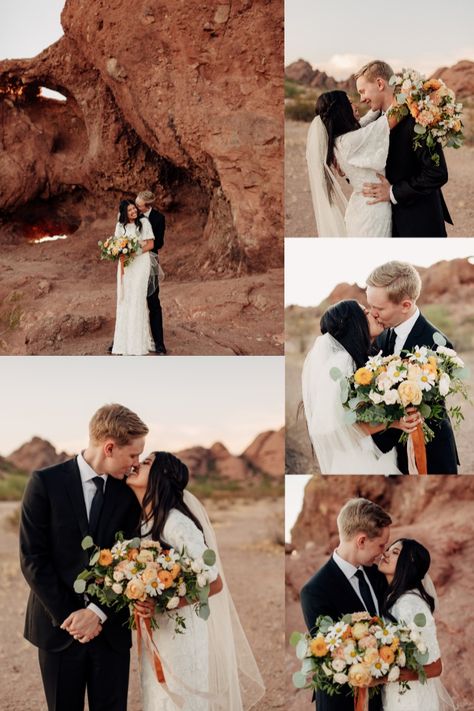 Formal bride & groom photos in Papago Park in Tempe, Arizona. Wedding bouquet by @floralsbysadie | Photos by @sydrichphoto Papago Park Photoshoot, Papago Park, Papago Park Arizona Photoshoot, Desert Botanical Garden Arizona Photoshoot, Wedding Photo Ideas Desert, Arizona Bridal Shoot, Moab Wedding Photography, Bride Groom Photos, Park Photos