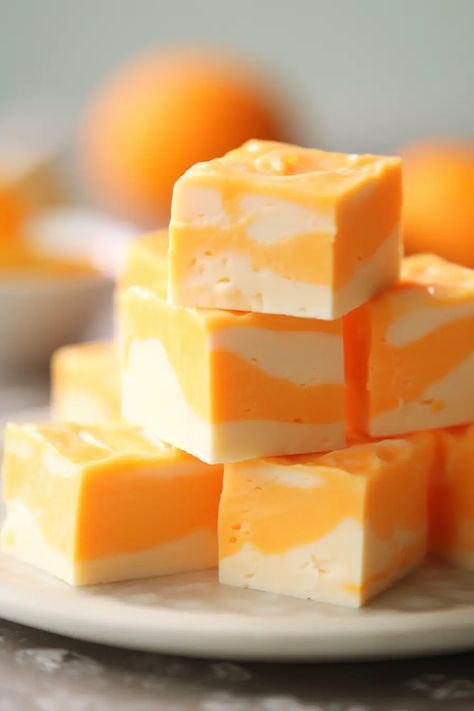 Creamsicle Fudge Recipe, Orange Creamsicle Fudge, Orange Creamsicle Truffles, Creamsicle Fudge, Creamsicle Truffles, How To Make Orange, Orange Food Coloring, Sugar Container, Marshmallow Creme