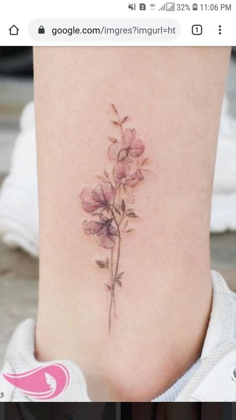 Wild Flowers Tattoo, White Flower Tattoo, Pea Tattoo, Capricorn Constellation Tattoo, Sweet Pea Tattoo, Bloom Tattoo, Colour Tattoos, Capricorn Constellation, Ankle Tattoos For Women