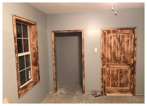 Burnt Wood Door Design Idea Burnt Plywood Floor, Wood Door Design, Burnt Wood Finish, Bedroom Door Design, Burnt Wood, Design Door, Bedroom Door, Wood Plans, French Doors Interior