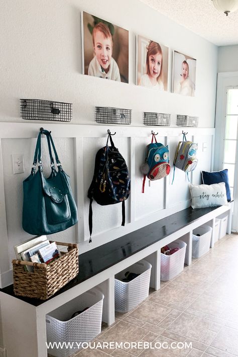 Kids Mudroom, Eclectic Granny, Entryway Bench Shoe Storage, Simple Entryway, Cubby Ideas, Bench Shoe Storage, Entry Storage, Home Command Center, Basement Living