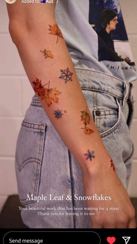 Autumn Tattoos For Women, Fall Themed Tattoos, Maple Leaves Tattoo, Autumn Leaf Tattoo, Fall Leaf Tattoo, Autumn Leaves Tattoo, Maple Tattoo, Evergreen Tattoo, Maple Leaf Tattoos