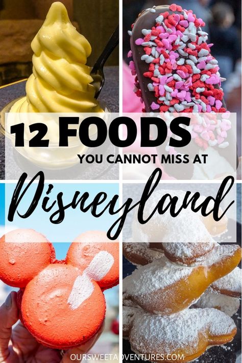 You must try these 12 foods at Disneyland during your visit. These cute creations inspired by beloved Disney characters are magically delicious. #Disneyland #FoodTravel #Food #Desserts #USAtravel #California Must Try Disneyland Foods, Travel Desserts, Disneyland Desserts, Best Disneyland Food, Disneyland Snacks, Dole Pineapple Juice, Mint Julep Bar, Dreamy Desserts, Disneyland Secrets