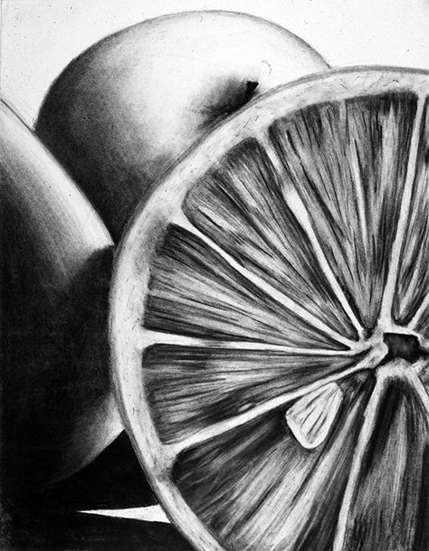 still life of objects - charcoal - student drawing: Still Life Sketch, Fruit Sketch, Natural Form Art, Life Sketch, Gcse Art Sketchbook, Fruits Drawing, Observational Drawing, Charcoal Art, Still Life Drawing