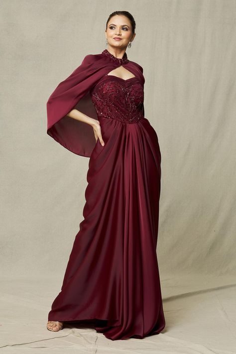 Maroon Bead Embroidered Sequin and Floral Embroidery Draped Gown With Cape Cocktail Dress Indian Wedding, Maroon Gowns, Maroon Gown, Western Gowns, Gown With Cape, Noodle Strap, Reception Gowns, Cape For Women, Net Gowns