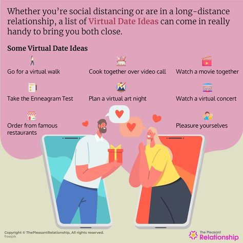 Are you looking for virtual date ideas? Perhaps, you and your partner are amidst a pandemic? Or, are you social-distancing? Or did you two meet on online dating apps… but aren’t ready to meet them yet? Searching for ways to connect with them better? Don’t worry, because you reached the right place! #virtualdateideas #virtualdate #date #dating #onlinedating #modernrelationships #relationships #love #marriage #thepleasantmind Online Date Ideas Long Distance, Virtual Date Night Ideas, Virtual Date Ideas, Long Distance Relationship Activities, Relationship Apps, Long Distance Dating, Relationship Activities, Enneagram Test, Dating Relationship Advice