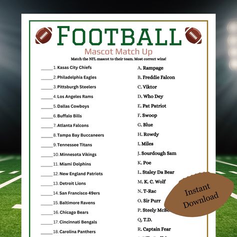 Football Mascot Match Up, Football Party Games, Super Bowl Games, Sunday Football, Football Activity for Kids and Adults, Football Trivia Super Bowl Crossword, Football Party Activities, Super Bowl Kids, Football Activities, Football Trivia, Super Bowl Games, Football Party Games, Football Event, Army Football