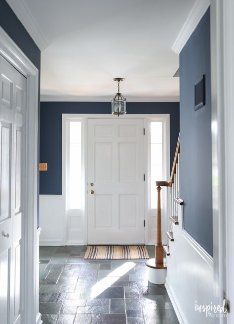 A look at my newly painted entryway. Color: Farrow and Ball Stiffkey Blue Dark Blue Foyer Entryway, Blue Hallway Ideas, Entryway Color Ideas, Farrow And Ball Stiffkey Blue, Wall Decor Foyer, Painted Entryway, Hall Paint, Entryway Colors, Entryway Paint