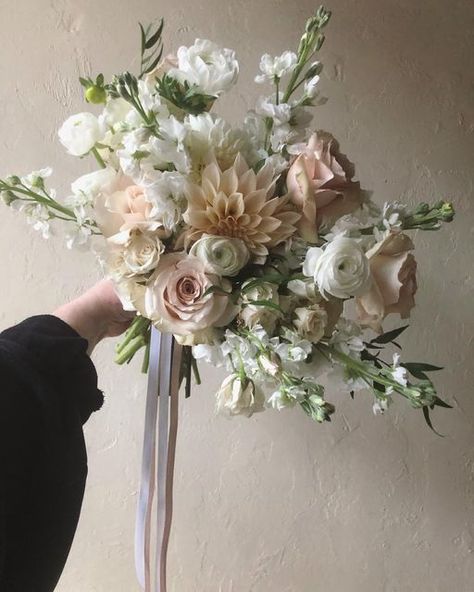 B O T A N Y {floral studio} on Instagram: "One of my favourite bridal bouquets from last season. I love tone on tone. Looking forward to our Café au Lait dahlias to bloom in late summer. Who else is excited for dahlia season?" Cafe Au Lait Dahlias Wedding, Cafe Au Lait Dahlia Bridal Bouquet, White Dahlia Bridal Bouquet, Cosmos Bridal Bouquet, Zinnia Bridal Bouquet, Beige Wedding Flowers, Dahlia Bouquet Wedding, Cafe Au Lait Dahlia Bouquet, Dahlia Centerpiece Wedding