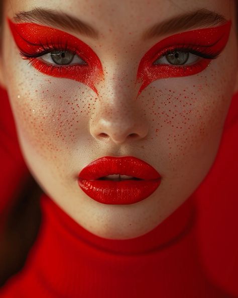 Avant Garde Lip Makeup, Bratz Inspired Photoshoot, Halloween Red Makeup, Red Editorial Makeup, Asaf Hanuka, Editorial Makeup Looks, Monochromatic Photoshoot, Red Lashes, Grow Longer Thicker Eyelashes