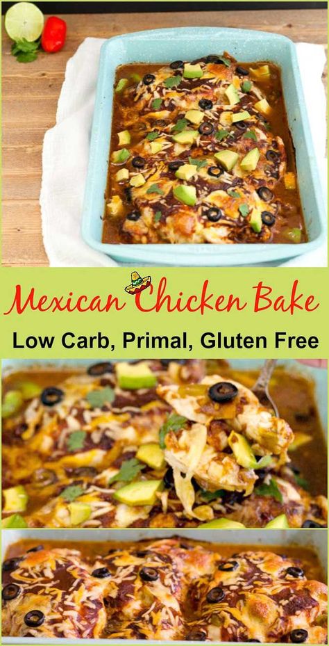 Easy Mexican chicken bake low carb is a gluten free, grain free, primal chicken… Mexican Chicken Bake, Easy Mexican Chicken, Low Carb Mexican, Low Carb Casseroles, Chicken Bake, Low Carb Diets, Lchf Recipes, Primal Recipes, Easy Mexican