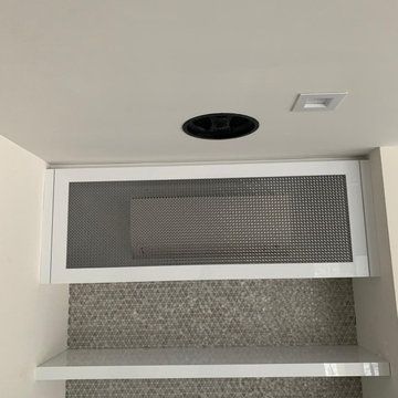 Hide Heat Pump Indoor, Disguising Mini Split, Mini Split Cover Ideas, Hide Ac Units Indoor, Air Conditioner Cover Indoor, Heat Pump Cover, Air Conditioner Hide, Concrete Loft, Bedroom Glam