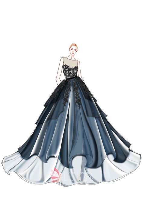 A designer sketch of black lace appliqued indigo & gray tulle mixed ball gown dress. Illusion neckline. Ball Gown Flat Sketch, Ball Gown Dress Sketch, Formal Dress Sketch, Ball Gown Illustration, Ball Gown Sketches, Grey Tulle Dress, Natural Waist Dress, Sufi Meditation, Gaun Dress