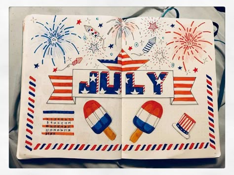 25 amazing 4th of July Bullet journal spreads for independence day! #independenceday #bulletjournal #bujo #bulletjournalcover #bulletjournalspreads #redwhiteandblue #bujothemes 4th Of July Journal Page, 4th Of July Doodles Bullet Journal, 4th Of July Journal Ideas, July Bullet Journal Cover Fireworks, July Doodles Bullet Journal, Bullet Journal July Theme, July Cover Page Bullet Journal, 4th Of July Bullet Journal, July Planner Ideas