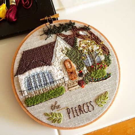 Embroidered House Portrait, Eras Embroidery, Houses Embroidery, Cottage Embroidery, Embroidered House, Green Eyed Monster, Embroidered Portrait, House Portrait, Embroidered Art