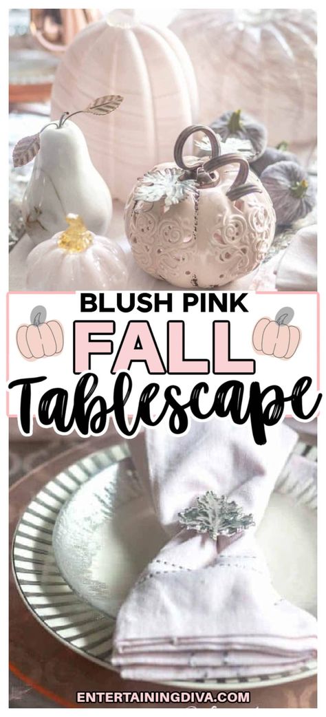 Beautiful Fall Tablescape With Blush Pink Pumpkins | Holidays and events Pink Fall Table Decor, Pastel Thanksgiving Table Decor, Autumn Table Setting, Pink Tablecloth, Pumpkin Candle Holder, Cute Blush, Spring Table Settings, Pumpkin Centerpiece, Thanksgiving Dinner Table