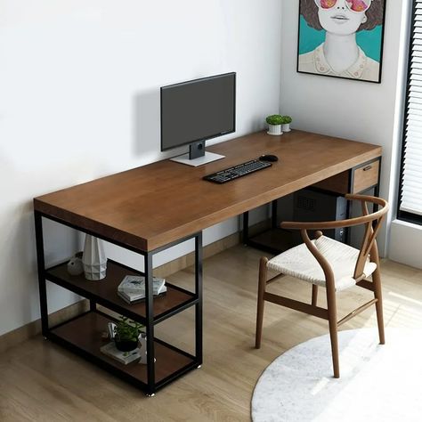 Modern Desks Ideas, Wooden Dark Brown Desk, Desk Wood Metal, Black And Wood Office Desk, Black Wooden Desk, Dark Wood Desk Aesthetic, Desk Wood Design, Black And Wood Desk, Unique Desk Ideas