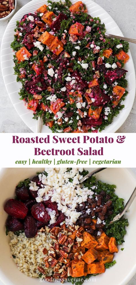 Roasted sweet potato beetroot salad served on plate with forks and ingredients in a bowl. Chicken Caesar Pasta, Beetroot Recipes, Kale Quinoa, Chicken Caesar Pasta Salad, Quinoa Sweet Potato, Viral Recipes, Salad Salad, Roasted Sweet Potato, Vegetable Farming