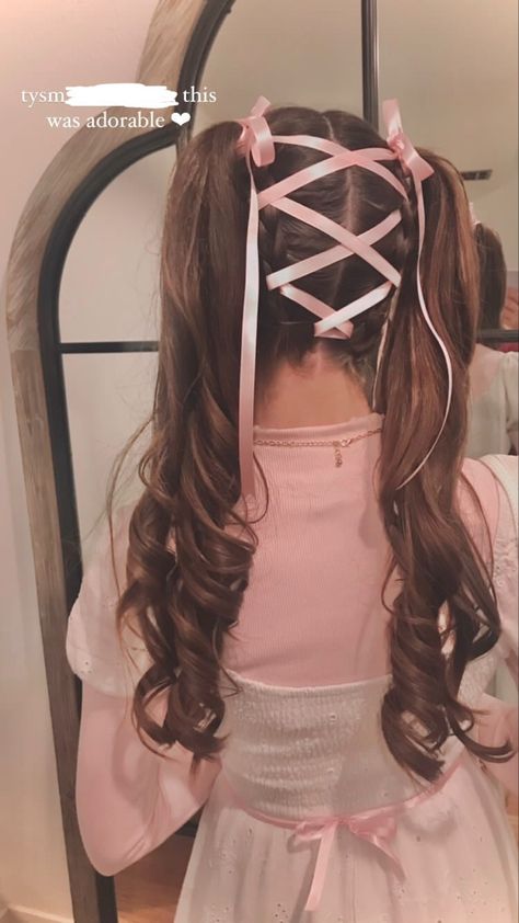 Ballerina Hair Aesthetic, Fancy Ribbon Hairstyles, Pink Tails Hairstyle, Fancy Pigtails, Pink Ribbon Hairstyle, Lolíta Hairstyle, Childish Hairstyles, Twin Tails Hairstyles, Balletcore Hair