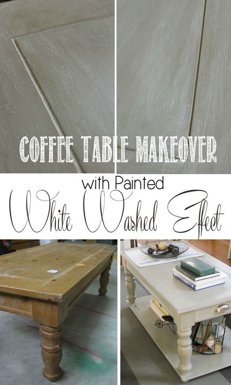 Coffee table makeover with painted white-washed effect Washed Furniture, White Washed Furniture, Repurpose Furniture, White Washing, Coffee Table Makeover, Furniture Remodeling, Old Coffee Tables, Kitchen Table Makeover, Furniture Refinishing