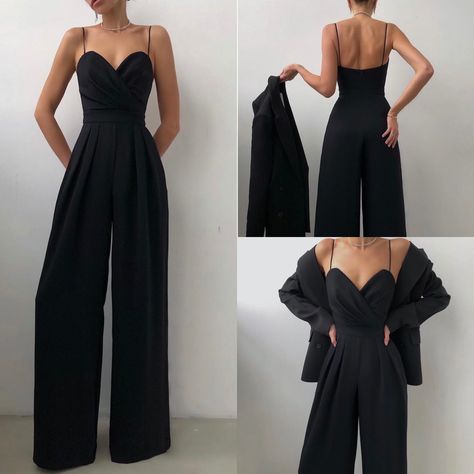 Womens 2 Piece Suit, Jumpsuit Outfit Fancy, Dark Wedding Guest Outfit, Fashion Classy Elegant Vintage Outfit, Hoco Jumpsuits, Fancy Jumpsuit Prom, Jumpsuit Fancy, Fancy Jumpsuits, Prom Jumpsuit