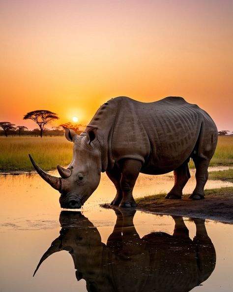 Twilight Titan: Rhino's Serene Sunset Sip A serene scene of a solitary rhinoceros standing by the edge of a reflective water body at dusk. The sun is setting on the horizon, casting a warm, orange glow that is mirrored perfectly in the still water below. The silhouette of the rhino, as it lowers its head to drink, is complemented by the soft colors of the sky fading into the darkening landscape. In the background, distant trees are faintly visible under the dimming light, creating a peaceful ... Rhino Tattoos, African Animals Photography, Rhino Tattoo, Indian Rhinoceros, Graduation Inspiration, Wild Animals Photos, African Sunset, Water Body, Orange Glow