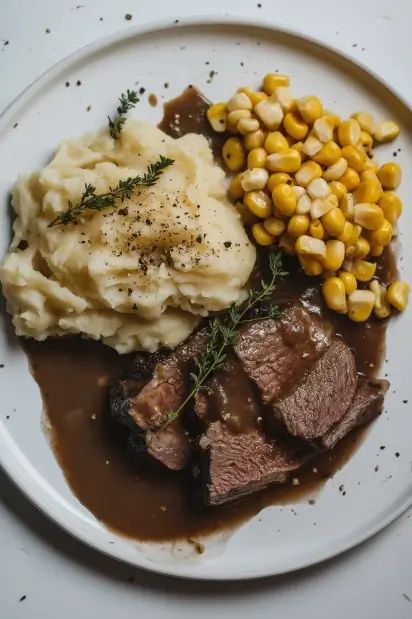 Beef Roast with Mashed Potatoes, Corn, and Gravy: a classic comfort meal with tender beef, creamy sides, and savory gravy. Try it today! Roast With Mashed Potatoes, Beef Roast, With Mashed Potatoes, Homemade Gravy, Slow Cooked Beef, Roasted Corn, Tender Beef, Creamy Mashed Potatoes, Frozen Corn