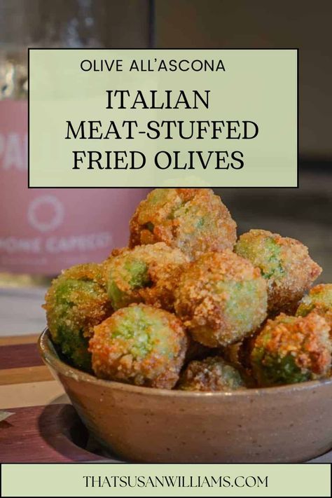 Italian Meat-Stuffed Fried Olives are authentically Italian, and divinely delicious! Make and freeze some to have whenever you have guests. Fried Stuffed Olives, Stuffed Olives Party Appetizers, Authentic Italian Side Dishes, Italian Starters Appetizers, Fried Olives Recipe, Stuffed Olives Recipe, Italian Fries, Fried Olives, Italian Stuffed Peppers