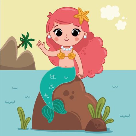 Mermaid Sitting On A Rock, Mermaid On Rock, Summer Character, Mermaid Sitting, Mermaid Vector, Mermaid Cartoon, Water Kids, Mermaid Kids, Mermaid Artwork