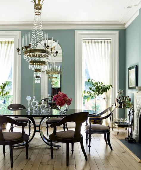 Blue dining room walls, thick white molding, light wood floors Dining Room Paint, Dining Room Blue, Popular Paint Colors, Dining Room Colors, Blue Rooms, Room Decorating, Decoration Inspiration, Style At Home, Room Paint