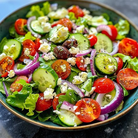 🥗 Whip up a Big Green Salad for a burst of freshness any day of the week! 🌿🥗 🍽️ Big Green Salad 🛒 Ingredients: Mixed greens: 4 cups Cherry tomatoes: 1 cup, halved Cucumber: 1, sliced Red onion: 1/4 cup, thinly sliced Olive oil: 3 tbsp Lemon juice: 2 tbsp Salt and pepper: To taste Feta cheese: 1/2 cup, crumbled 👩‍🍳 Instructions: Combine: Toss greens, tomatoes, cucumber, and onion in a large bowl. Dress: Whisk together olive oil, lemon juice, salt, and pepper. Pour over salad. Serve: Top wi... Toss Salad, Mediterranean Salad Recipe, Feta Cheese Recipes, Lunch Inspiration, Feta Recipes, Mediterranean Salad, Trending Recipes, Kalamata Olives, Food Tasting