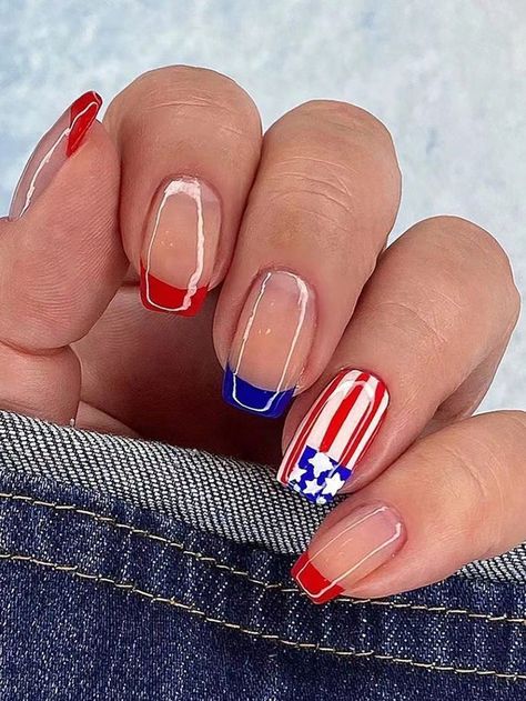 Multicolor  Collar   Cartoon,Geometric,Graphic,Striped,Plants Color Nails Embellished   Nail,Hand & Foot Care Nails Patriotic, American Flag Nails, Flag Nails, Patriotic Nails, Usa Nails, Fourth Of July Nails, Cow Nails, 4th Of July Nails, Nails Square