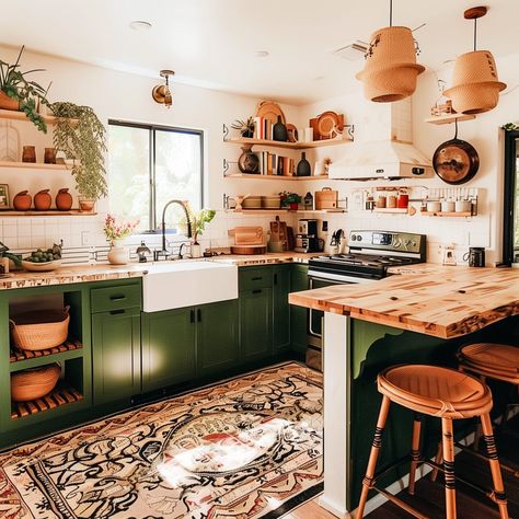 boho_kitchen_design 6 70s Boho Kitchen, Boho Home Renovation, Boho Green Kitchen, Scandi Boho Kitchen, Bungalow Style Interior, Vintage Boho Kitchen, Modern Boho Kitchen Ideas, Rust Kitchen, Cottage House Interior