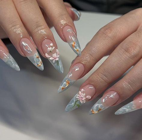 Summer 3d Nails, Pond Nails, Koi Nails, Stiletto Nails Summer, Koi Fish Nails, Summer Vacation Nails, Fish Nails, Lily Nails, Fancy Nail Art