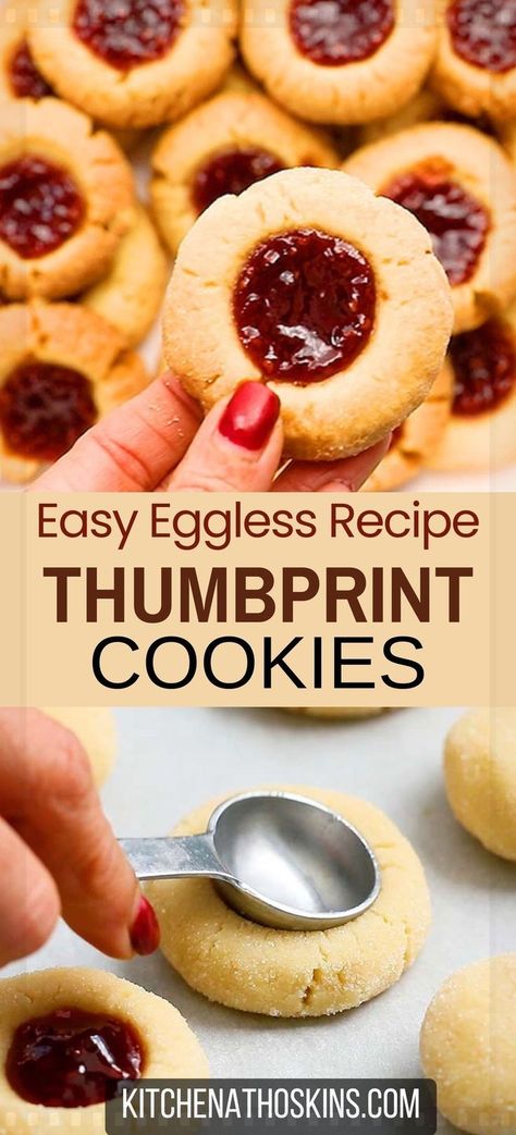 Learn how to make the best thumbprint cookies with raspberry jam, without eggs and is an easy shortbread cookie recipe. The thumbprints can be filed with any jam or jelly and makes is one of the best cookie for Christmas. Get the eggless raspberry thumbprint cookie recipe at kitchenathoskins.com. Cookies With Raspberry Jam, Cookie Recipes Without Eggs, Egg Free Cookies Recipes, Best Thumbprint Cookies, Eggless Banana Bread, Thumbprint Cookie Recipe, Thumbprint Cookies Easy, Easy Shortbread Cookie Recipe, Eggless Baking Recipes