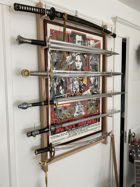 How To Hang Swords On Wall, Hang Swords On Wall, Swords On Wall, Displaying Knives Collections, Swords Hanging On Wall, Display Swords On Wall, Samurai Armor Display, Swords Collection, Adam Savage