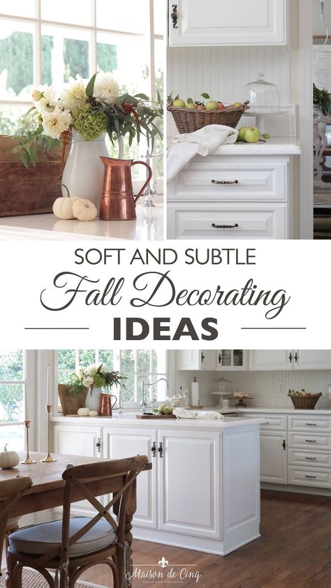 Simple Fall Kitchen Decor! Warm Seasonal Touches of Autumn in the Kitchen! ---> #maisondecinq falldecor falldecorating autumndecor autumndecorating fallflowers decoratingwithcopper copper pumpkins whitepumpkins neutralfall neutralfalldecor farmhousestyle frenchfarmhouse frenchcountry countryfrench Kitchen Makeover Ideas, Copper Pumpkins, Summer Room Decor, Fall Vignettes, Fall Decorating Ideas, Fall Kitchen Decor, Fall Decor Inspiration, Entertainment Ideas, Autumn Decorating