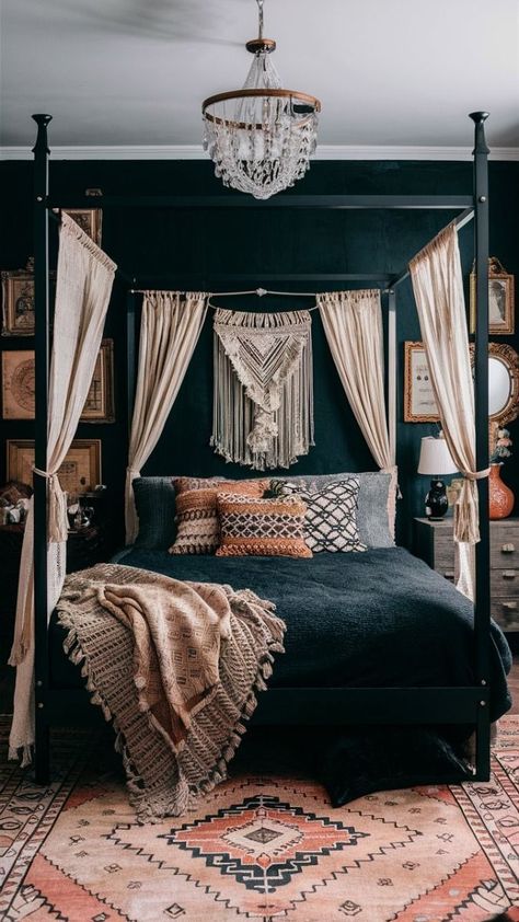 Moody Bedroom Canopy Bed, Gold Canopy Bedroom Ideas, Grey Boho Bedroom, Black Boho Style, Dark Boho Living Room, Board House, Grey Boho, Boho Living Room Ideas, Dark Boho